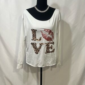 SHEIN White Love Print Long Sleeve Top